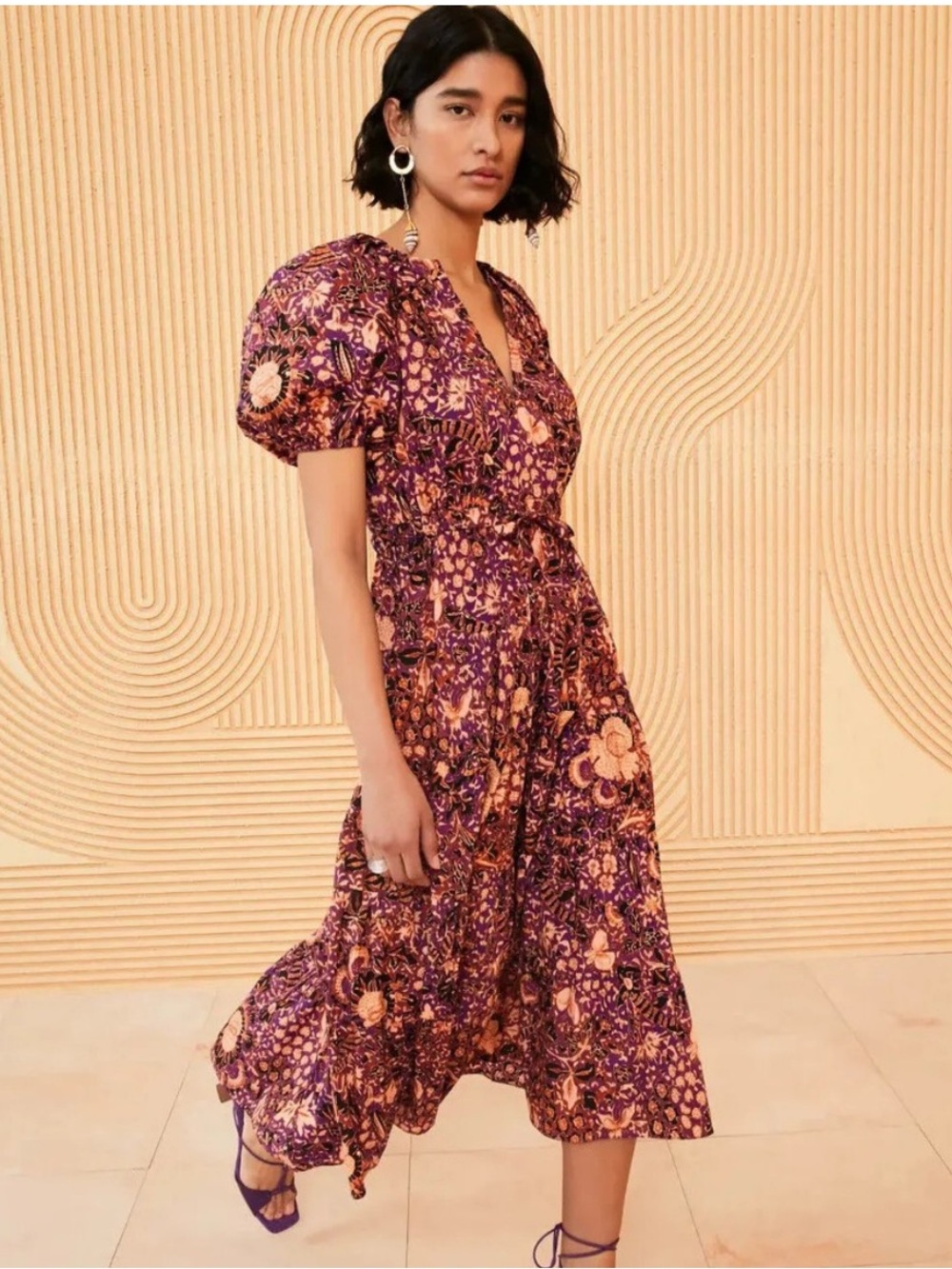 Ulla Johnson Olina Purple and Peach Floral Puff-Sleeve Midi Dress